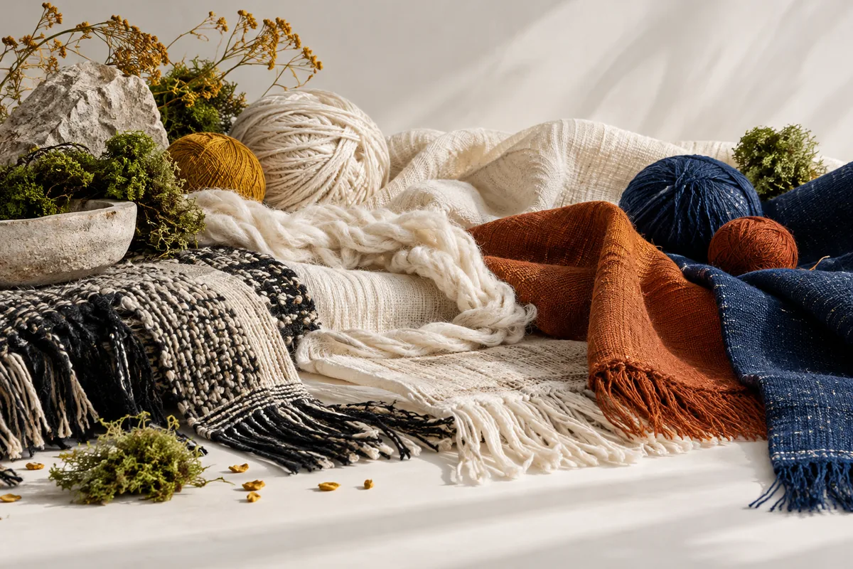 Original woven cloth and yarn materials on a clean surface