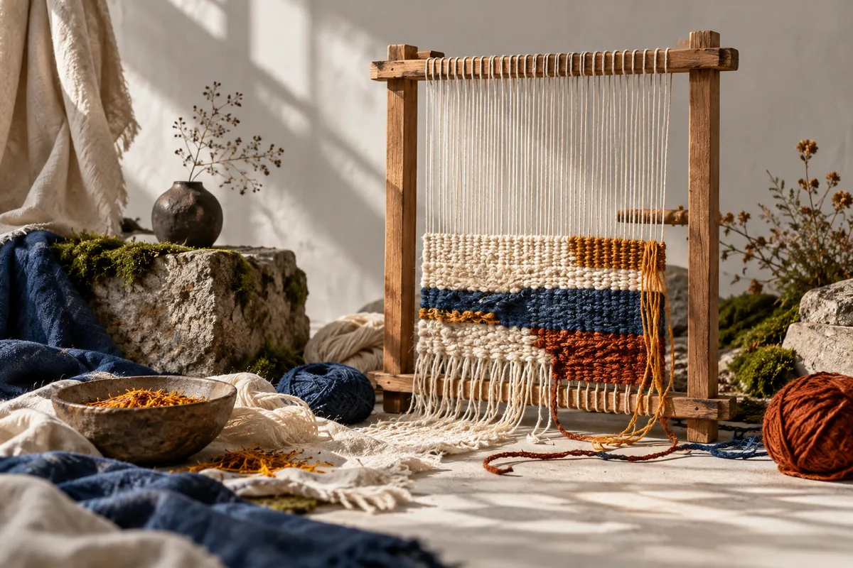 An unbranded loom-like wooden frame and threads