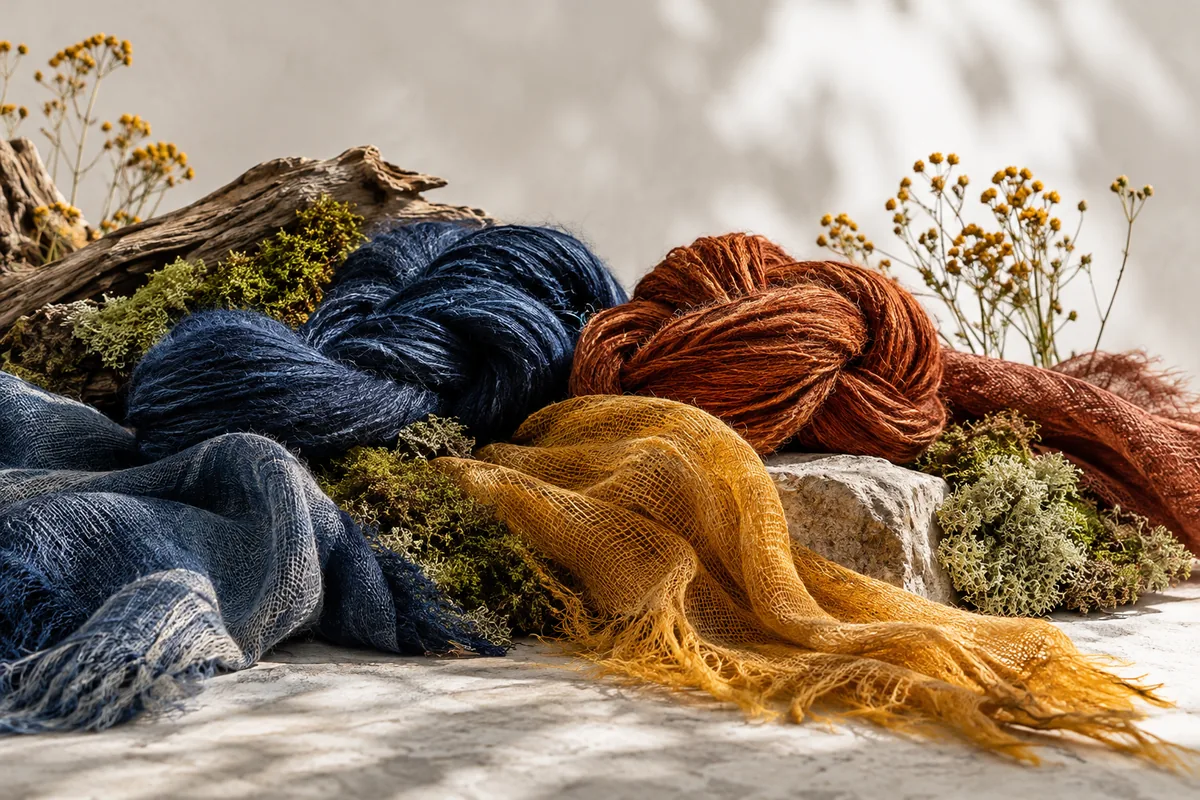 Indigo, rust and moss yarn materials